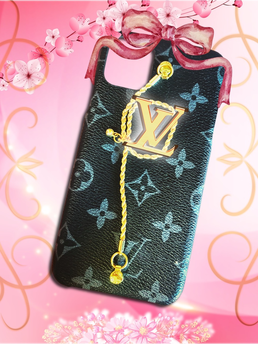 Designer Monogram Black/Grey Phone Case with Gold Charm — iPhone 11